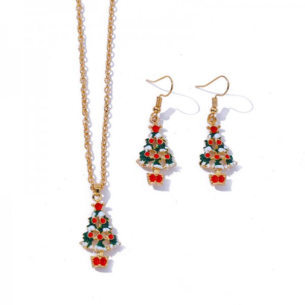 Fashion Simple Oil Dripping Christmas Tree Earrings Necklace Set Women